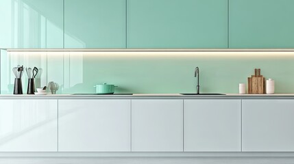 Fototapeta premium A sleek and modern kitchen with mint green walls, white cabinetry, and warm lighting.