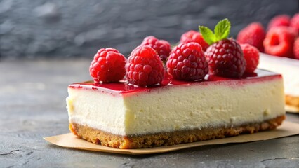 Moist and creamy cheesecake slice with a generous helping of fresh raspberries atop
