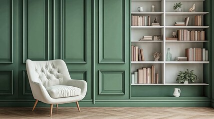 A sophisticated home library with mint green walls, white shelves, and a cozy armchair.