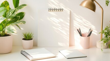Fototapeta premium A bright home workspace with a whiteboard, desk lamp, and an open notebook for planning. Copy space.