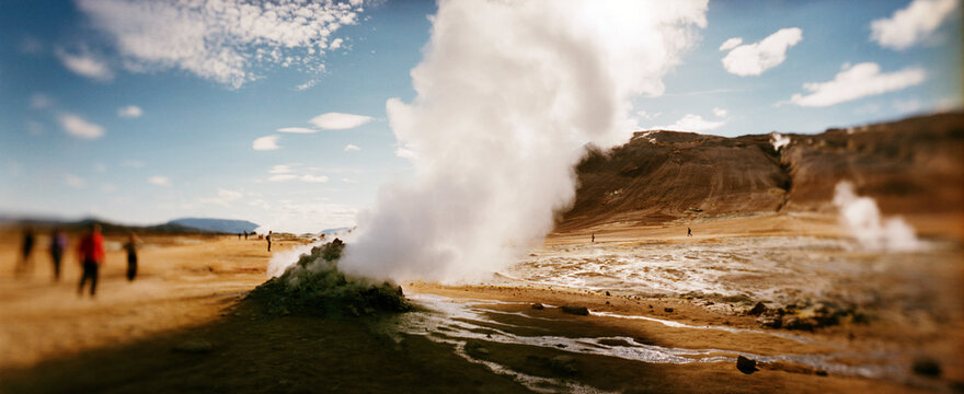 Panoramic view of Hverir, a geothermal area known for its bubbling pools of mud & steaming fumaroles emitting sulfuric gas, Namafjall, Iceland.