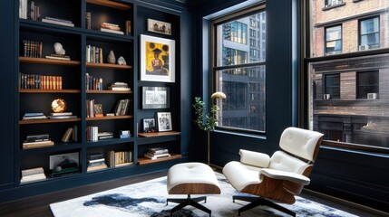 A stylish work-from-home office with navy walls, an ergonomic white chair, and wooden shelving.