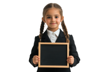 Portrait of smiling school girl holding chalkboard with blank space isolated on white or transparent, PNG