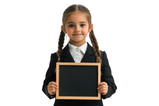 Portrait of smiling school girl holding chalkboard with blank space isolated on white or transparent, PNG