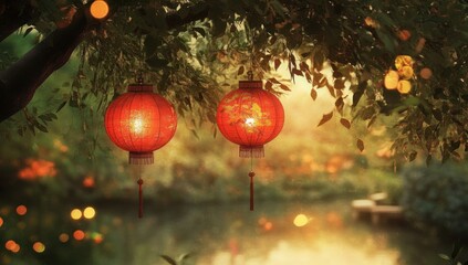 Fototapeta premium Serene Evening Glow: Red Lanterns Hanging in a Tranquil Garden