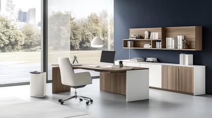 Fototapeta premium A trendy workspace with an indigo feature wall, white furniture, and wooden accents.