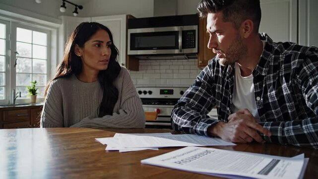 A video still of a couple at a kitchen table, discussing documents. Shot from a low angle, capturing a tense, intimate moment in natural light.