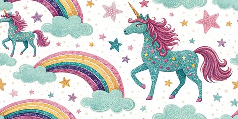 Obraz premium Magical Unicorn Glitter Wall Art, Dreamy Pastel Sparkle Texture, Fantasy Horse Print, Bedroom Decor, Kids Room Art
