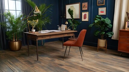 A warm and inviting office with dark blue walls, a wooden work table, and indoor plants.