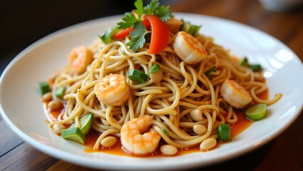Pad Thai :Stir-fried noodles with eggs, tofu or shrimp, peanuts, lime, and a tangy sauce
