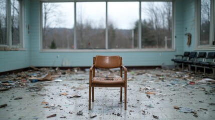 Abandoned waiting room chair, debris-covered floor, winter landscape view