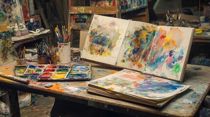 A craft studio with open sketchbooks, paintbrushes, and a color palette on a wooden table. Copy space.