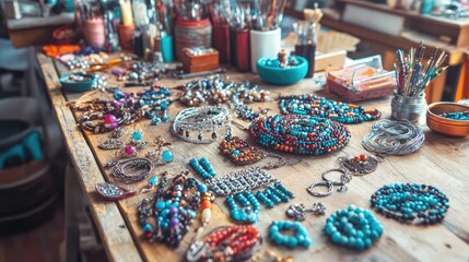 Fototapeta premium A craft table covered in handmade jewelry, beads, and silver wire in a workshop setting. Copy space.