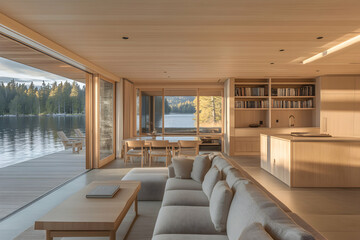 Fototapeta premium Luxurious lakeside cabin interior showcasing modern design, large windows with stunning lake views, wooden furniture and built-in shelving.