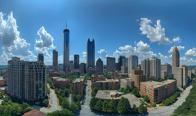 Obraz premium Panoramic view of Atlanta, Georgia skyline on a sunny day with fluffy clouds, showcasing modern and classic architecture.