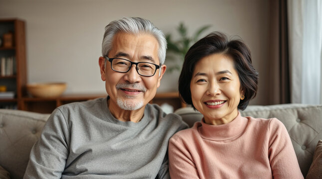 Portrait happy Asian mature senior couple sitting on the sofa look at the camera and smiling. Family mature couple portrait