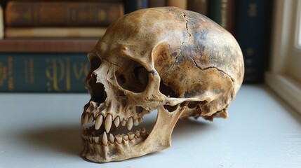 Realistic human skull displayed on a table with books in the background, showcasing anatomical details