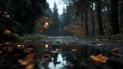 Fototapeta premium Rainy Autumn Path: A Serene Forest Walk