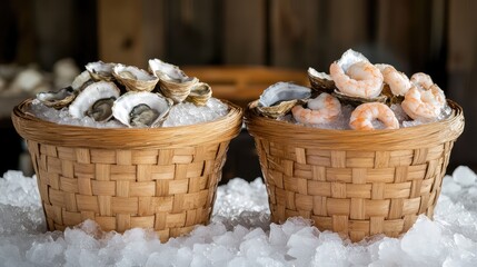 A fresh seafood market scene with baskets of oysters, shrimp, and fish displayed on crushed ice. Copy space.