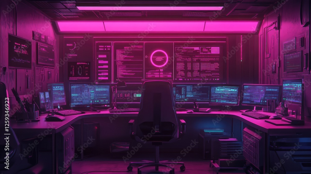 Poster a futuristic workspace with artificial intelligence-driven business analytics on digital monitors. c