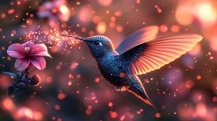 Hummingbird in Flight Gathering Nectar From A Flower