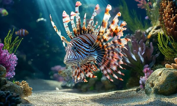 Colorful lionfish swimming among vibrant coral reef