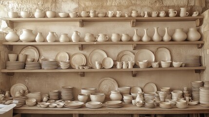 A handmade pottery stall with ceramic vases, plates, and cups displayed on wooden shelves. Soft lighting and neutral tones. Copy space.