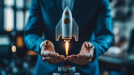 Businessman launching rocket startup business concept
