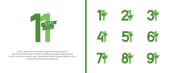 set of anniversary logo flat green color with ribbon for celebration moment