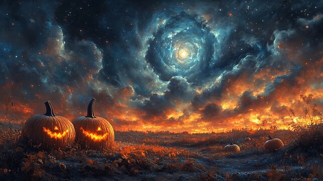 A moonlit field where pumpkins shine with a celestial glow beneath swirling auroras