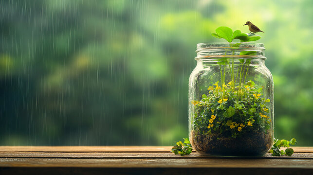 Rainforest in jar concept lush greenery miniature ecosystem vibrant plants birds enclosed glass artistic serene tropical nature creative terrarium detailed natural beauty peaceful wild pet tiny dreamy