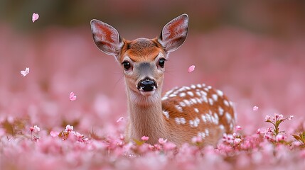 A young deer surrounded by pink blossoms in a serene setting, evoking tranquility and beauty