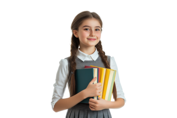 Smiling school girl holding colorful books isolated on white or transparent, PNG