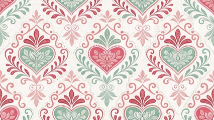 Panoramic Damask Heart Pattern Wallpaper, Seamless Damask Background, Elegant Repeating Heart Design, Luxury Damask Texture