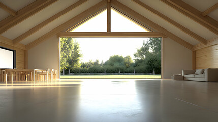 Fototapeta premium Modern minimalist house interior design showcasing expansive windows offering a serene garden view, featuring wooden beams and a polished concrete floor.
