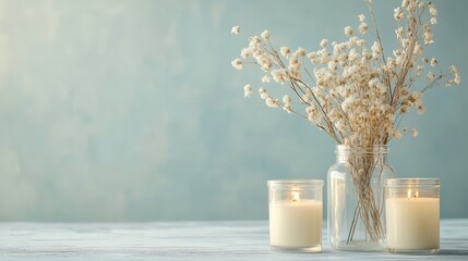 A neutral-toned setting featuring artisanal scented candles in glass jars with dried flowers. Copy space.