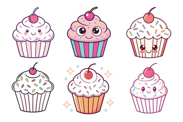 A Bundle of Cute Cupcake vector cartoon Illustrations 