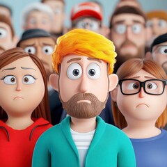 Fototapeta premium Cartoon Characters In Crowd With Sad Expressions