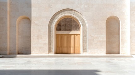 Fototapeta premium Mosque entrance, sunlit courtyard, ornate archway, peaceful scene, architectural design