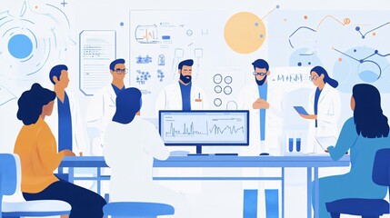 Group of scientists having meeting discussing new vaccine research in modern laboratory