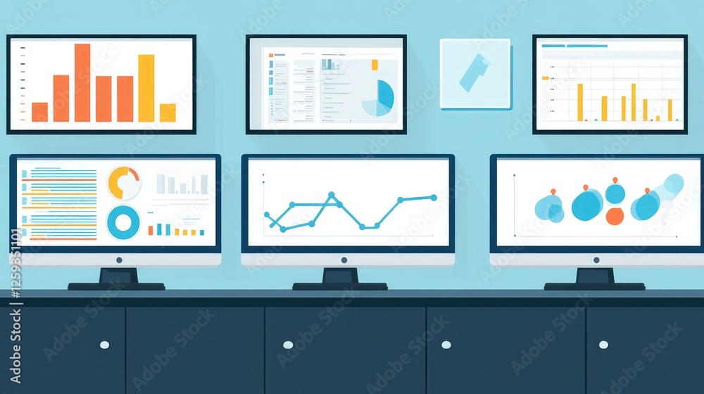 Poster a technology workspace with multiple computer screens displaying real-time team collaboration tools.