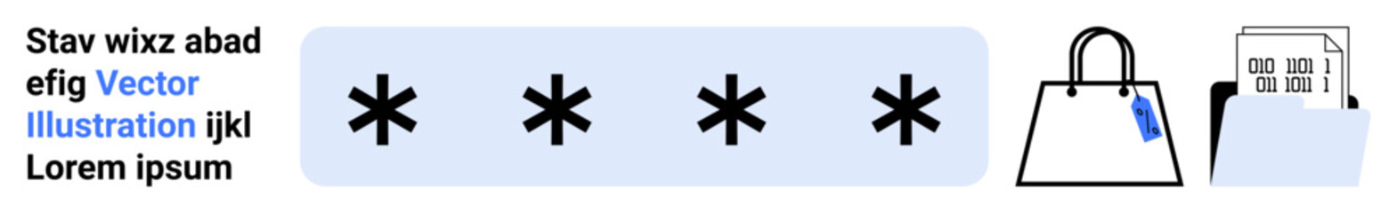 Password field with asterisks, shopping bag with a price tag, and receipt. Ideal for security, e-commerce, shopping, transaction, protection, online payment and authentication-themed flat landing