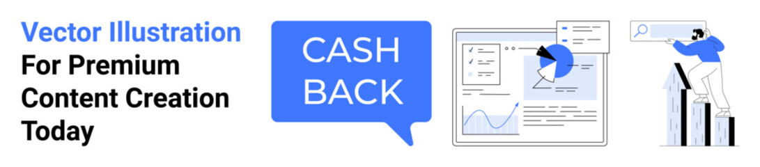 Cashback tag, analytics screen with pie chart and graph, man climbing arrows illustrating growth. Ideal for finance, marketing, business strategy, sales, e-commerce, data insights flat landing page