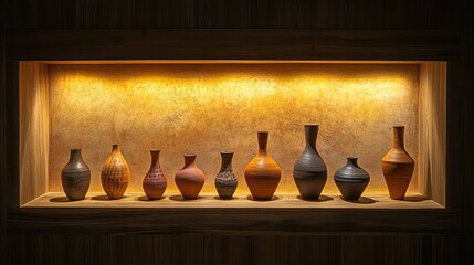 A well-lit wooden shelf featuring an assortment of hand-thrown pottery pieces. Copy space.