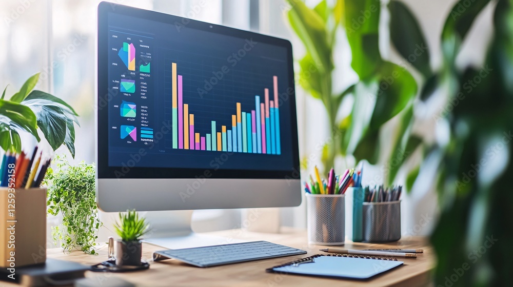 Leinwandbilder modern workplace featuring a desktop showing charts and data visualizations