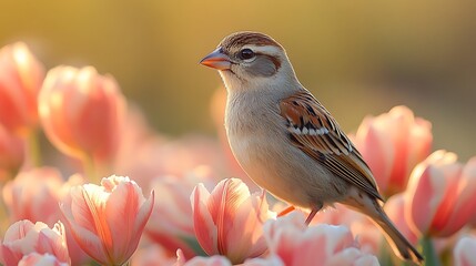 A close up of a charming bird perched beside a lively tulip arrangement with petals gently illuminated by warm golden light