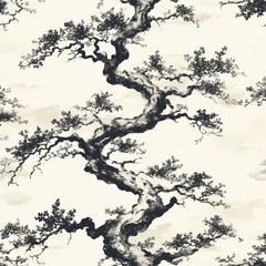 Elegant tree branches illustration on textured background in black and white