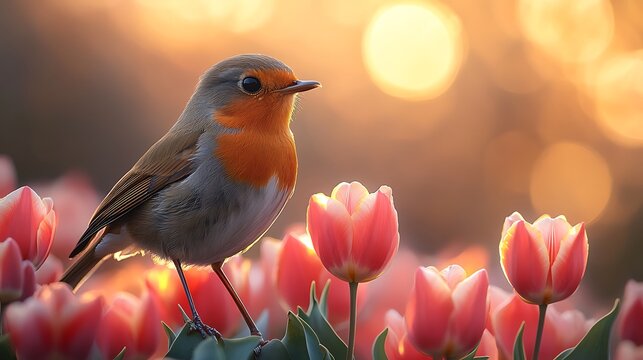 A close up of a charming bird perched beside a lively tulip arrangement with petals gently illuminated by warm golden light