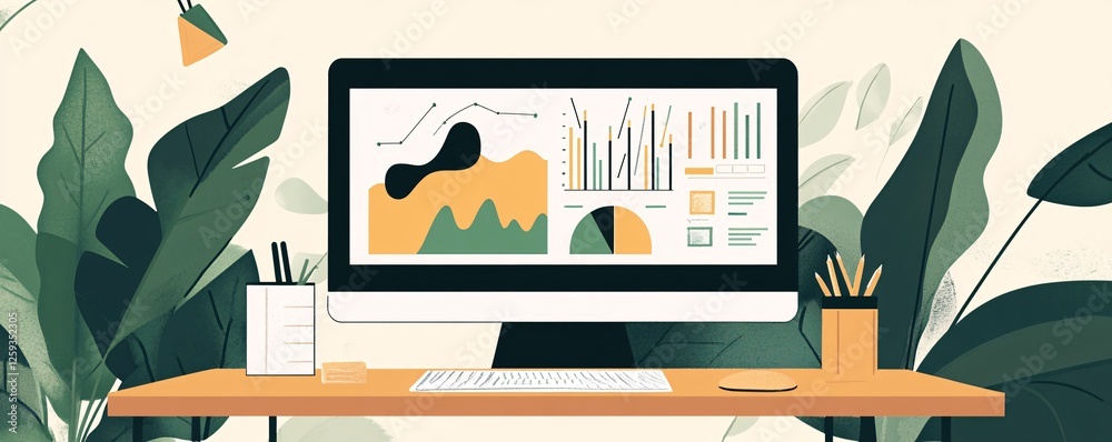 Poster modern workplace showing financial data on computer screen surrounded by plants