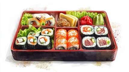 A gourmet bento box, sushi, fresh salad, artistic arrangement, detailed digital painting, soft light, isolated on white background.
